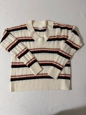 Pink Rose Cream Sweater Skirt with Navy & Rust Stripes